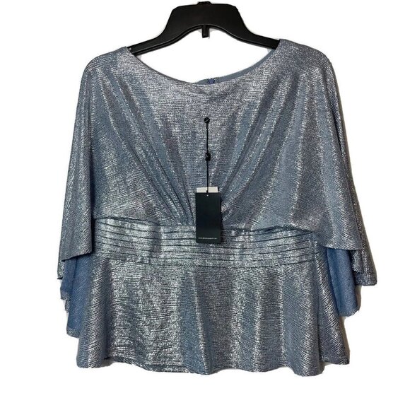 Adrianna Papell Foil Jersey Capelet Peplum Top Blue 14P Metallic Formal NWT - Picture 1 of 10